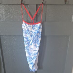 Blue and White Toile Print Swimsuit with Red Straps